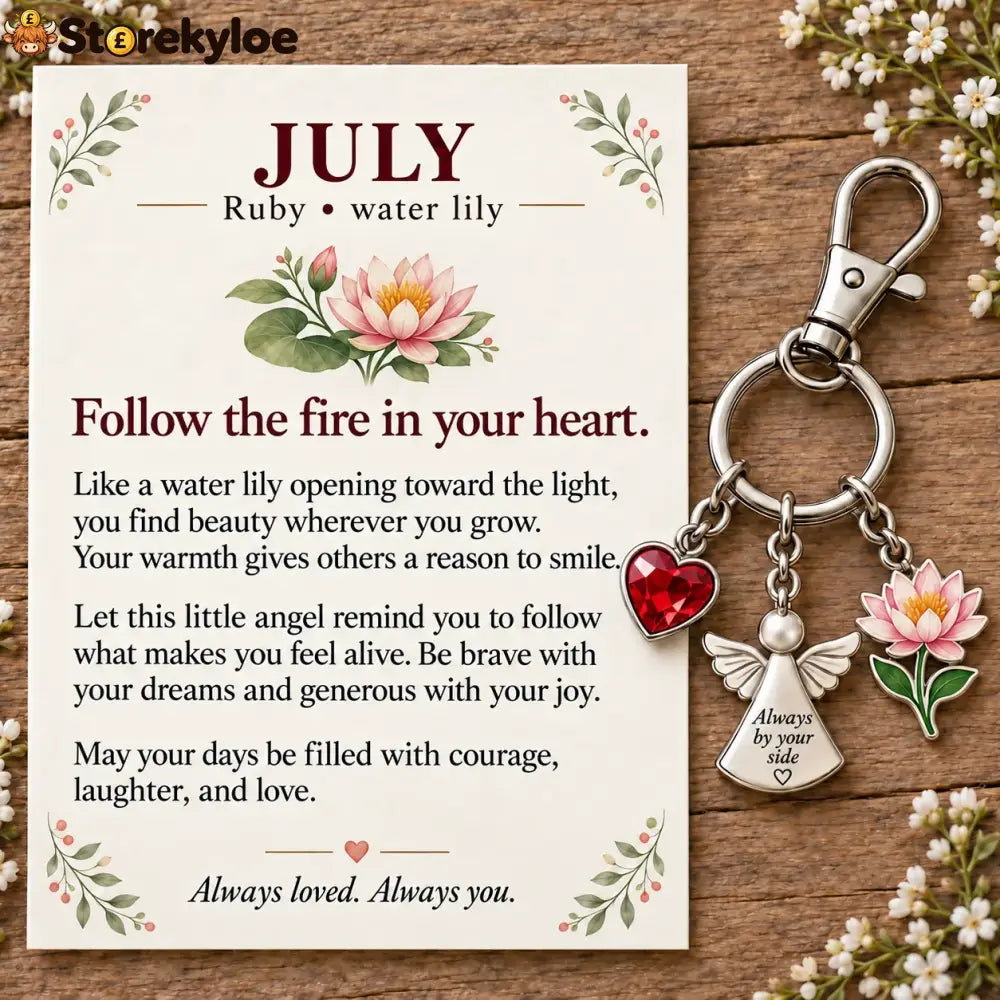 ⏳ Last Day 49% OFF, 👼 Always By Your Side: Birth Month Angel & Flower Keychain + Keepsake Card 🌸 - 🌊 July: Ruby & Water