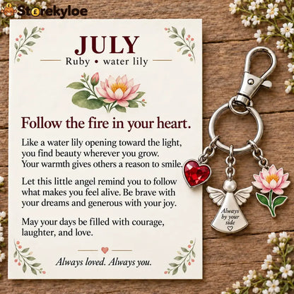⏳ Last Day 49% OFF, 👼 Always By Your Side: Birth Month Angel & Flower Keychain + Keepsake Card 🌸 - 🌊 July: Ruby & Water