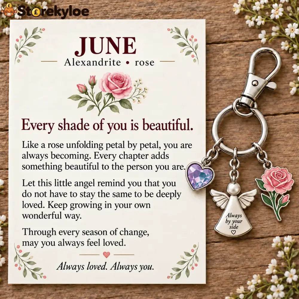 ⏳ Last Day 49% OFF, 👼 Always By Your Side: Birth Month Angel & Flower Keychain + Keepsake Card 🌸 - 🌹 June: Alexandrite