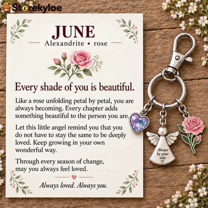 ⏳ Last Day 49% OFF, 👼 Always By Your Side: Birth Month Angel & Flower Keychain + Keepsake Card 🌸 - 🌹 June: Alexandrite