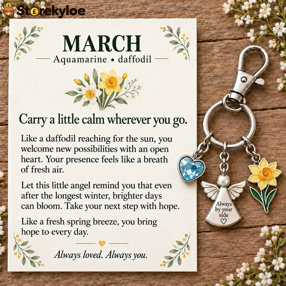 ⏳ Last Day 49% OFF, 👼 Always By Your Side: Birth Month Angel & Flower Keychain + Keepsake Card 🌸 - 🌼 March: Aquamarine