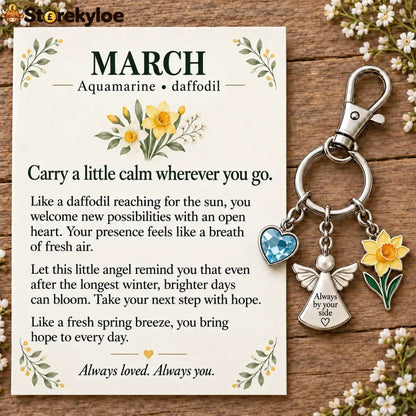 ⏳ Last Day 49% OFF, 👼 Always By Your Side: Birth Month Angel & Flower Keychain + Keepsake Card 🌸 - 🌼 March: Aquamarine