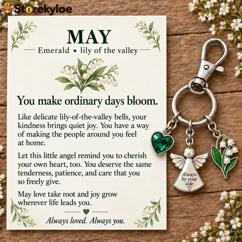 ⏳ Last Day 49% OFF, 👼 Always By Your Side: Birth Month Angel & Flower Keychain + Keepsake Card 🌸 - 🌿 May: Emerald &