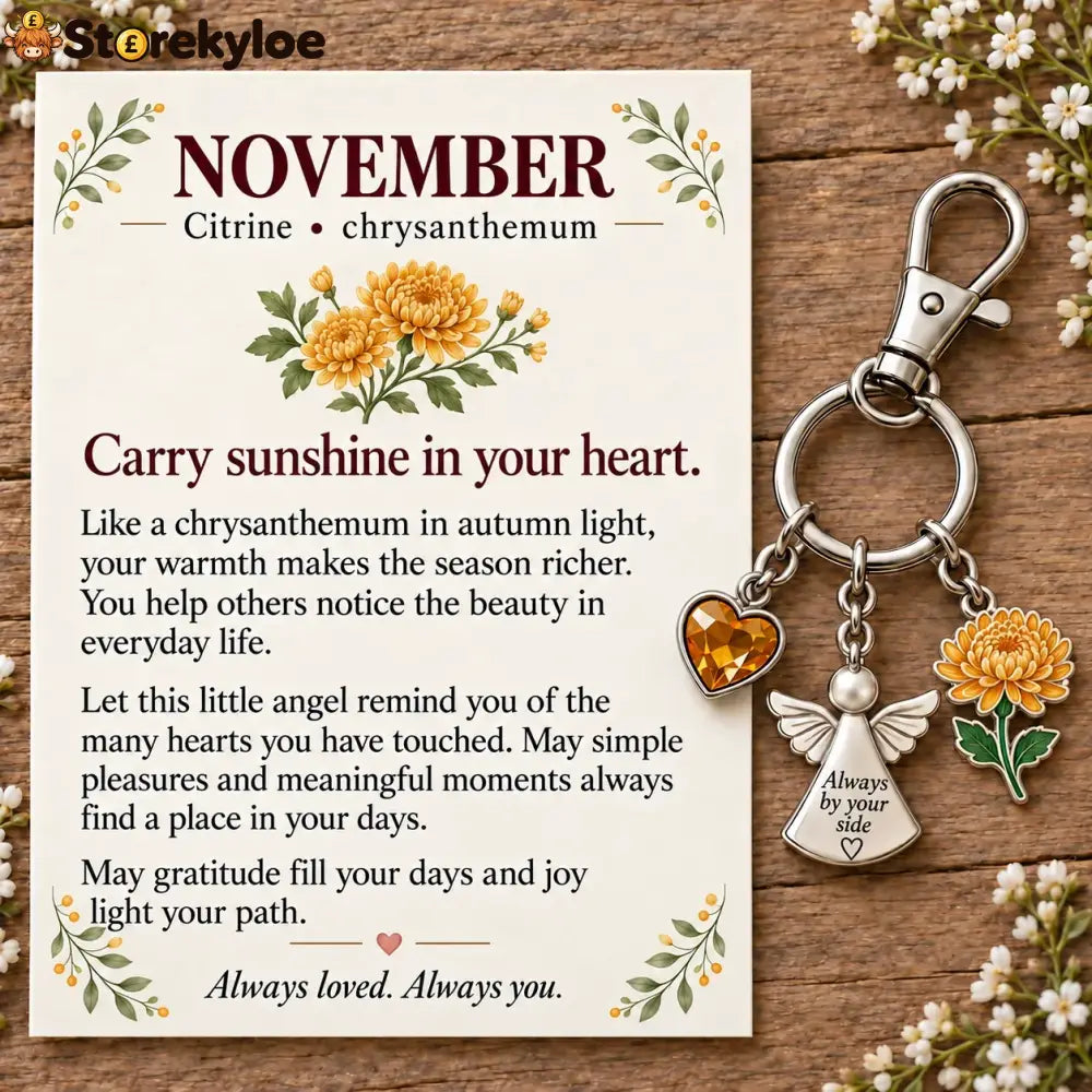 ⏳ Last Day 49% OFF, 👼 Always By Your Side: Birth Month Angel & Flower Keychain + Keepsake Card 🌸 - 🍁 November: Citrine