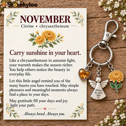 ⏳ Last Day 49% OFF, 👼 Always By Your Side: Birth Month Angel & Flower Keychain + Keepsake Card 🌸 - 🍁 November: Citrine