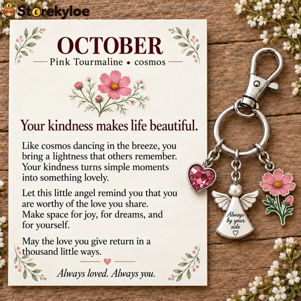⏳ Last Day 49% OFF, 👼 Always By Your Side: Birth Month Angel & Flower Keychain + Keepsake Card 🌸 - 🌸 October: Pink