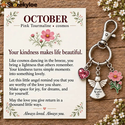 ⏳ Last Day 49% OFF, 👼 Always By Your Side: Birth Month Angel & Flower Keychain + Keepsake Card 🌸 - 🌸 October: Pink