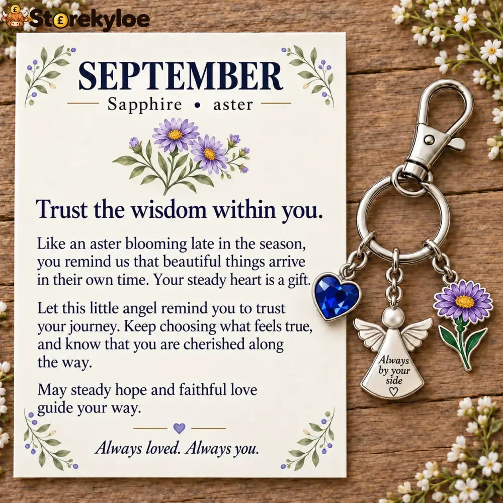 ⏳ Last Day 49% OFF, 👼 Always By Your Side: Birth Month Angel & Flower Keychain + Keepsake Card 🌸 - 🍂 September: