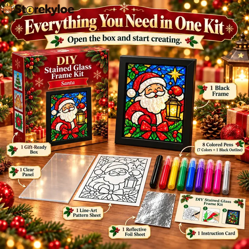 ⏳ Last Day 49% Off – 🎄beginner-friendly Christmas Stained Glass-style Frame Kit | 8 Festive Designs With Pens Foil &