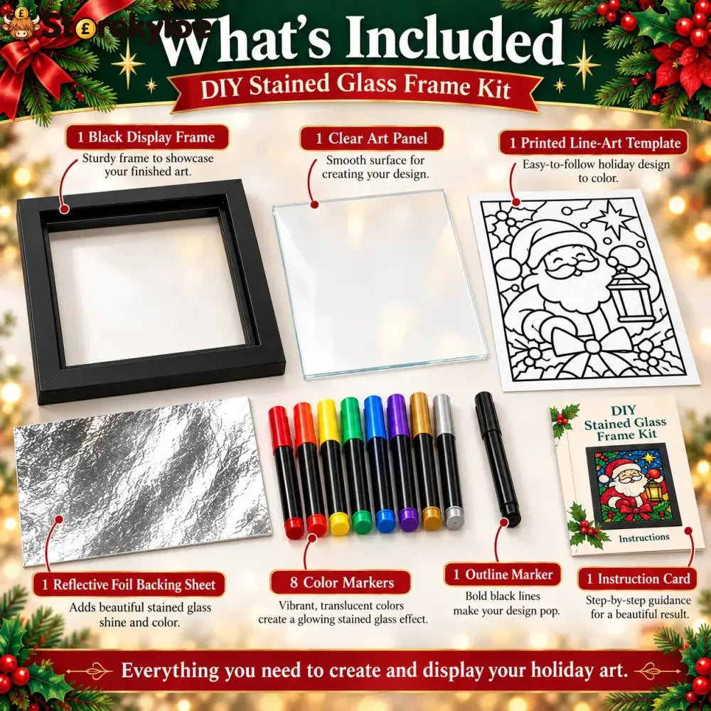 ⏳ Last Day 49% Off – 🎄beginner-friendly Christmas Stained Glass-style Frame Kit | 8 Festive Designs With Pens Foil &