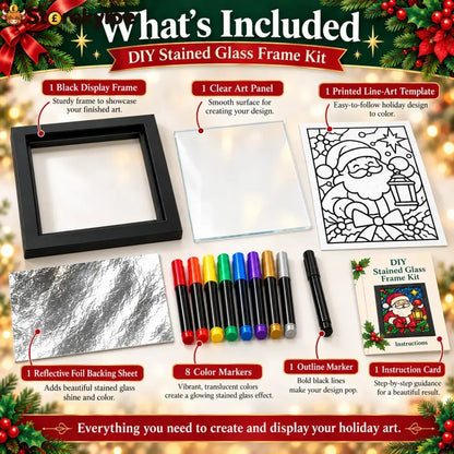 ⏳ Last Day 49% Off – 🎄beginner-friendly Christmas Stained Glass-style Frame Kit | 8 Festive Designs With Pens Foil &