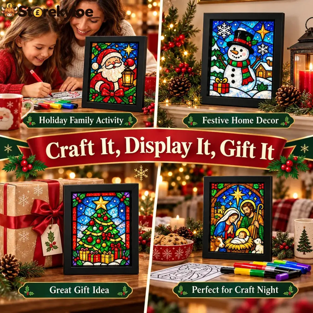 ⏳ Last Day 49% Off – 🎄beginner-friendly Christmas Stained Glass-style Frame Kit | 8 Festive Designs With Pens Foil &