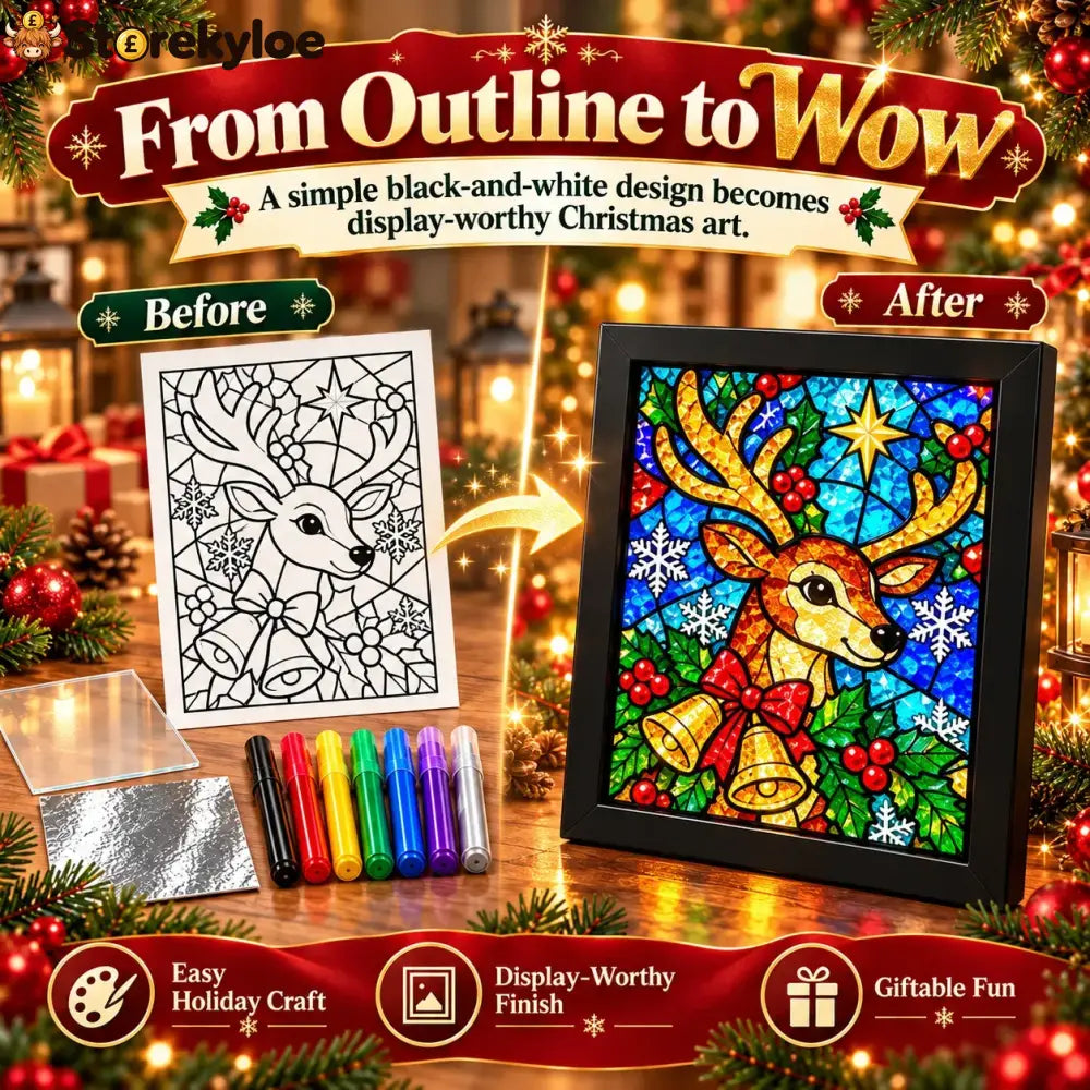 ⏳ Last Day 49% Off – 🎄beginner-friendly Christmas Stained Glass-style Frame Kit | 8 Festive Designs With Pens Foil &