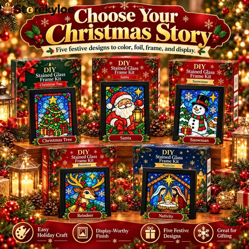 ⏳ Last Day 49% Off – 🎄beginner-friendly Christmas Stained Glass-style Frame Kit | 8 Festive Designs With Pens Foil &
