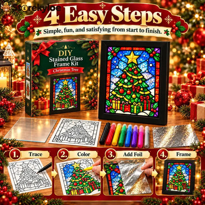 ⏳ Last Day 49% Off – 🎄beginner-friendly Christmas Stained Glass-style Frame Kit | 8 Festive Designs With Pens Foil &