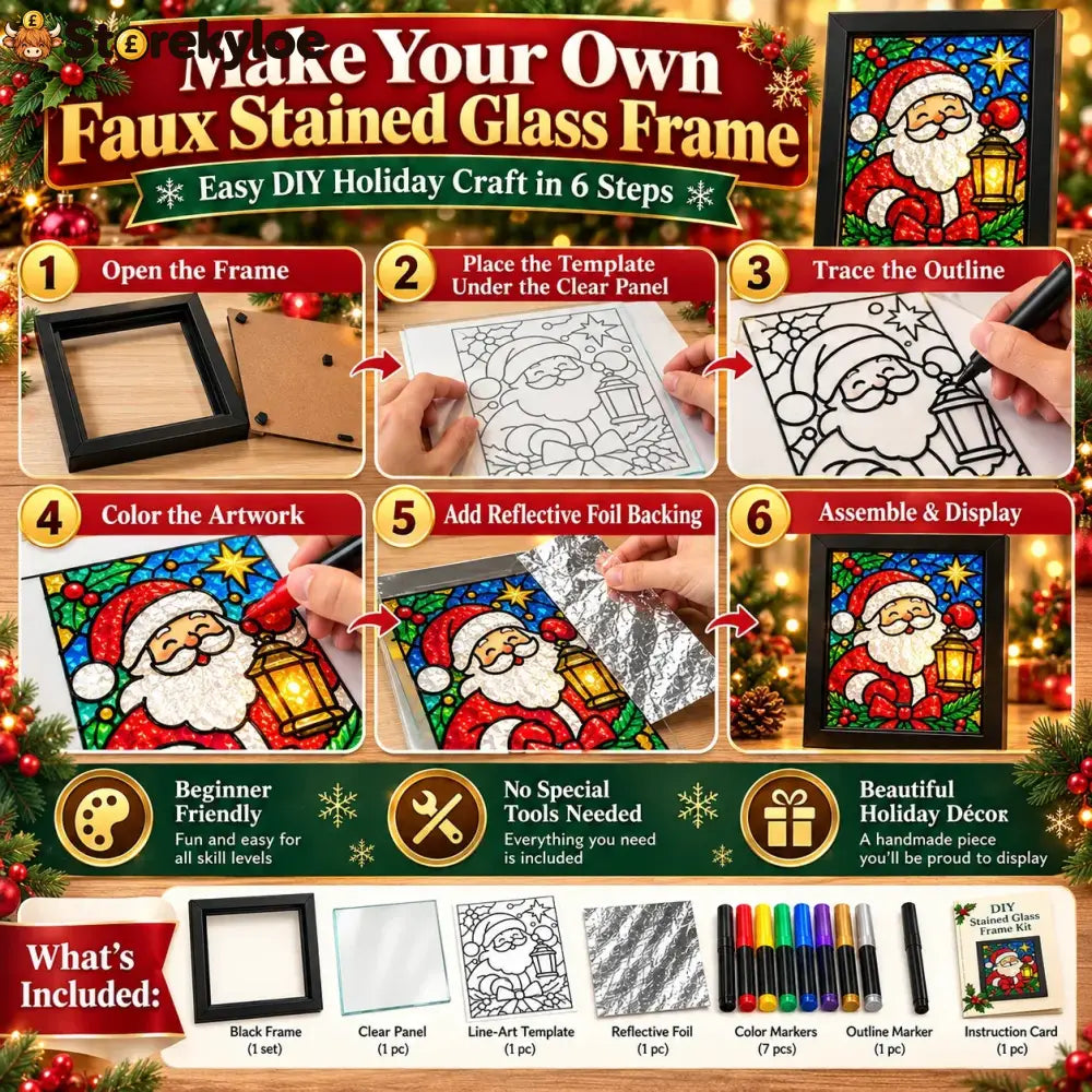 ⏳ Last Day 49% Off – 🎄beginner-friendly Christmas Stained Glass-style Frame Kit | 8 Festive Designs With Pens Foil &