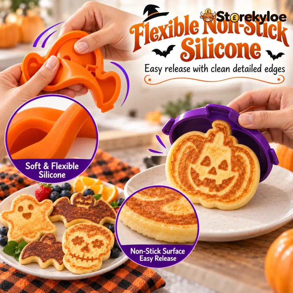 ⏳ Last Day 49% OFF – 🎃 Halloween Pancake & Egg Mold Set | 4 Reusable Silicone Shapes for Pancakes Eggs Omelets & Spooky