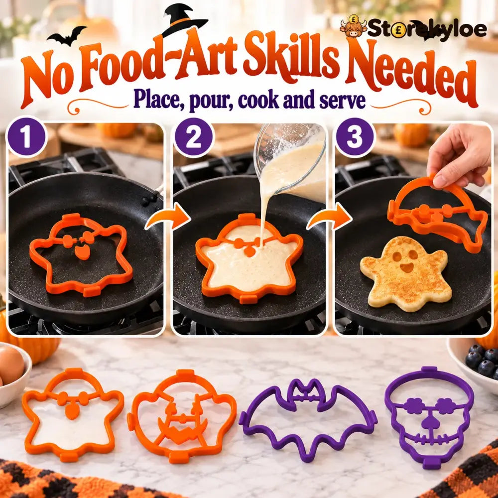 ⏳ Last Day 49% OFF – 🎃 Halloween Pancake & Egg Mold Set | 4 Reusable Silicone Shapes for Pancakes Eggs Omelets & Spooky
