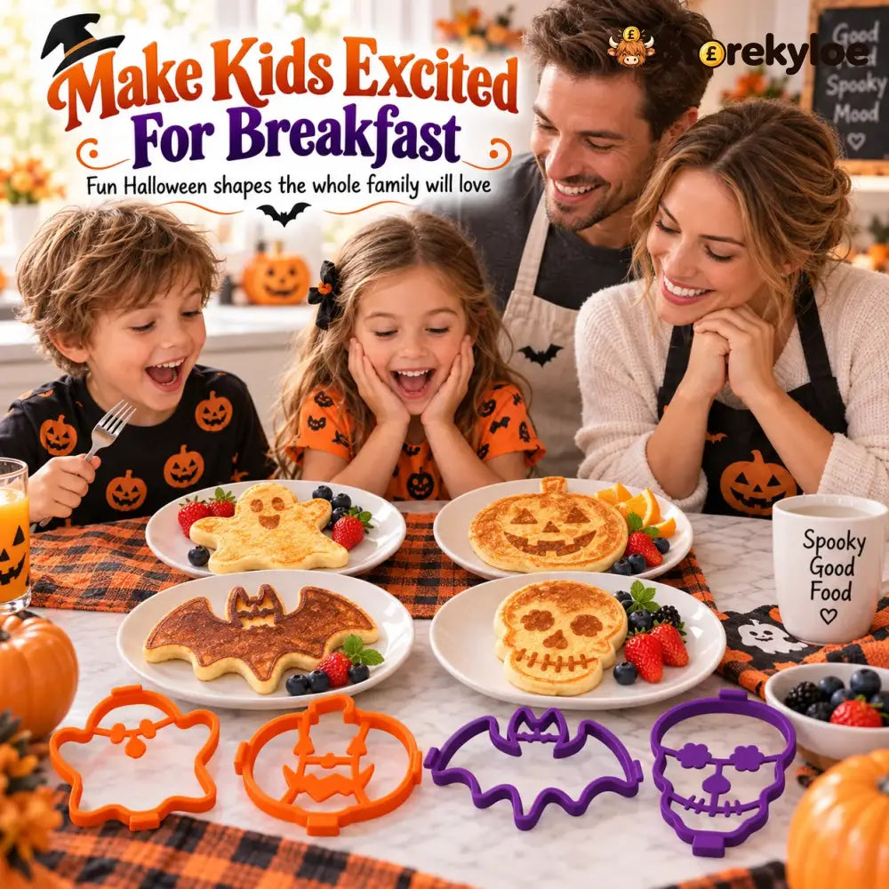 ⏳ Last Day 49% OFF – 🎃 Halloween Pancake & Egg Mold Set | 4 Reusable Silicone Shapes for Pancakes Eggs Omelets & Spooky