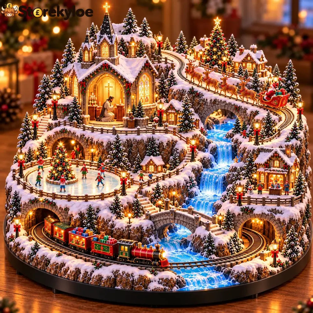 🔥 LAST DAY 49% OFF 🔥 Lighted Animated Christmas Village with Train Reindeer Sleigh & Waterfall ✨