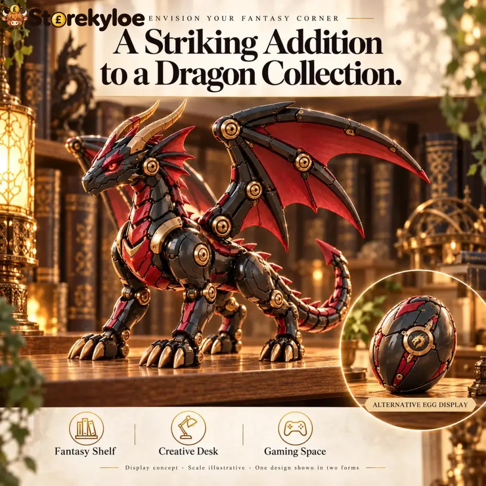 🔥last Day 49% Off -🐉 Mechanical Dragon Egg – Black & Crimson Dragon With Folding Wings & Armored Details