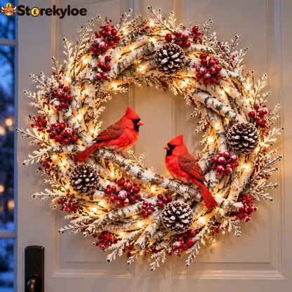 🔥 LAST DAY 49% OFF 🔥 Snowy Birch Cardinal Wreath™ – Lighted Christmas Door Wreath with Paired Red Cardinals Berries &