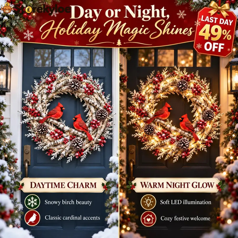 🔥 LAST DAY 49% OFF 🔥 Snowy Birch Cardinal Wreath™ – Lighted Christmas Door Wreath with Paired Red Cardinals Berries &