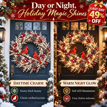 🔥 LAST DAY 49% OFF 🔥 Snowy Birch Cardinal Wreath™ – Lighted Christmas Door Wreath with Paired Red Cardinals Berries &