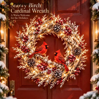 🔥 LAST DAY 49% OFF 🔥 Snowy Birch Cardinal Wreath™ – Lighted Christmas Door Wreath with Paired Red Cardinals Berries &