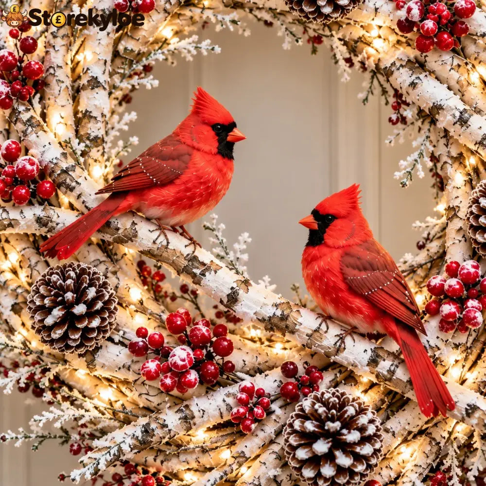 🔥 LAST DAY 49% OFF 🔥 Snowy Birch Cardinal Wreath™ – Lighted Christmas Door Wreath with Paired Red Cardinals Berries &