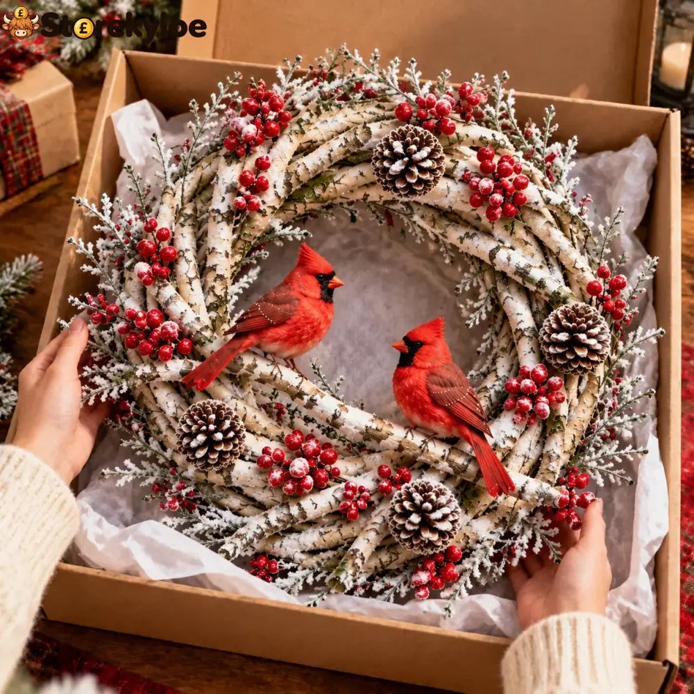 🔥 LAST DAY 49% OFF 🔥 Snowy Birch Cardinal Wreath™ – Lighted Christmas Door Wreath with Paired Red Cardinals Berries &