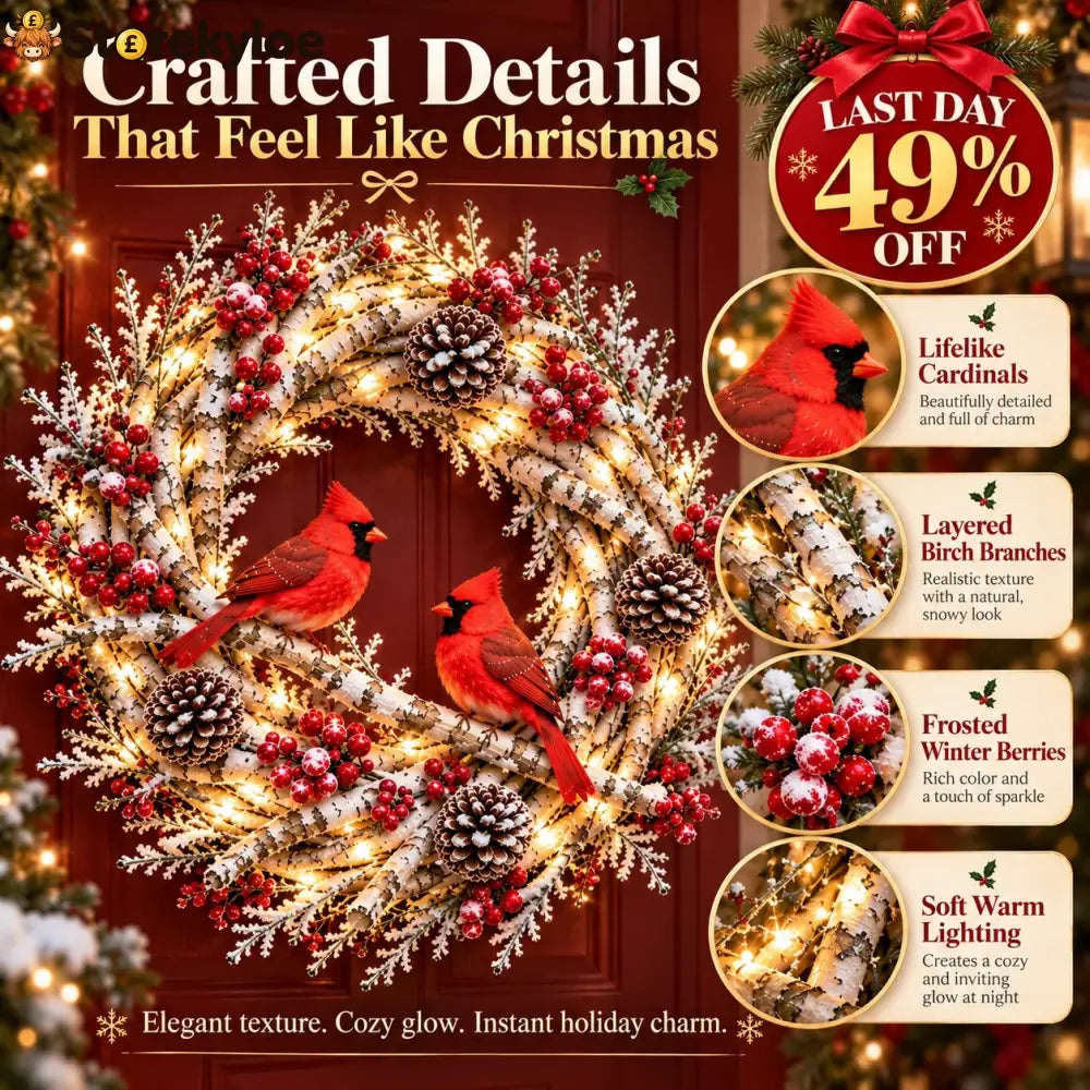 🔥 LAST DAY 49% OFF 🔥 Snowy Birch Cardinal Wreath™ – Lighted Christmas Door Wreath with Paired Red Cardinals Berries &