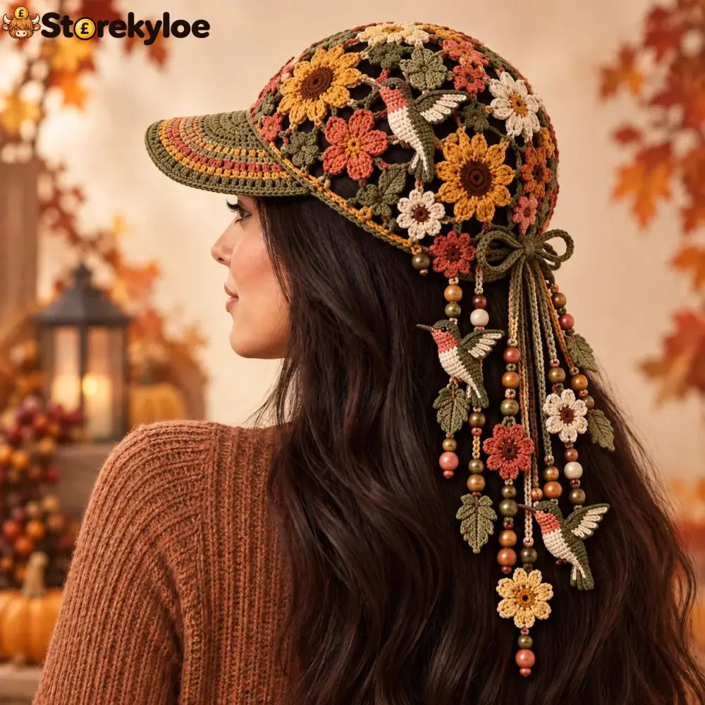 🔥Last Day 49% OFF 🍂 Women’s Handcrafted Crochet Autumn Bloom Cap | 6 Designs - 🐦 Hummingbird Meadow