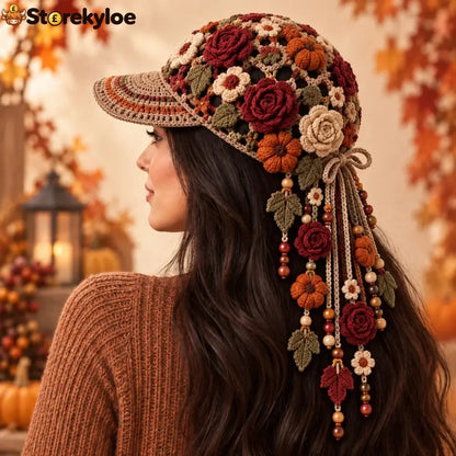 🔥Last Day 49% OFF 🍂 Women’s Handcrafted Crochet Autumn Bloom Cap | 6 Designs - 🌹🎃 Vintage Rose & Pumpkin Bloom