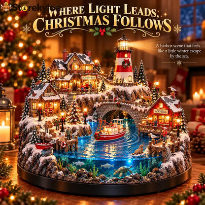 🔥 LAST DAY 50% OFF 🔥 Harborlight Christmas™, Lighted Coastal Village with Lighthouse Fishing Boat & Underwater Scene ✨