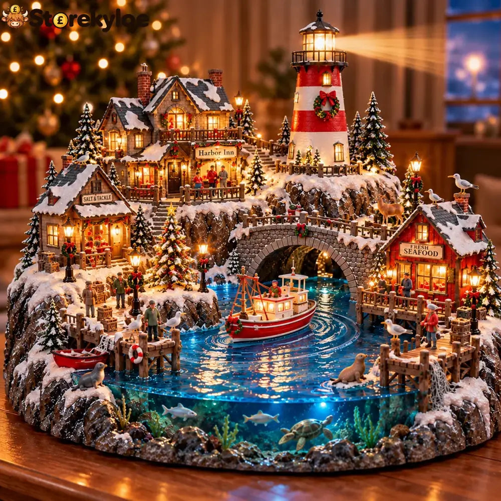 🔥 LAST DAY 50% OFF 🔥 Harborlight Christmas™, Lighted Coastal Village with Lighthouse Fishing Boat & Underwater Scene ✨