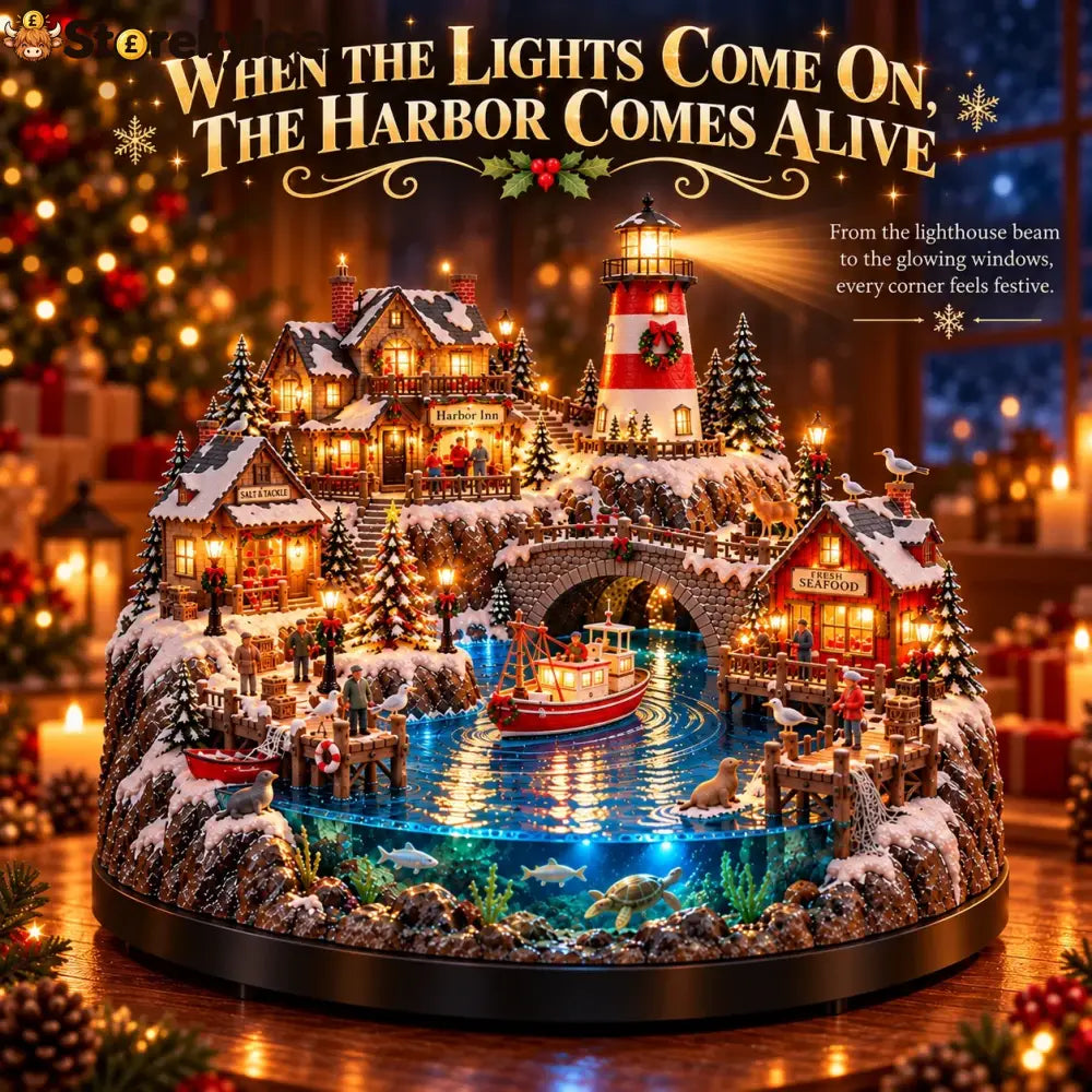 🔥 LAST DAY 50% OFF 🔥 Harborlight Christmas™, Lighted Coastal Village with Lighthouse Fishing Boat & Underwater Scene ✨