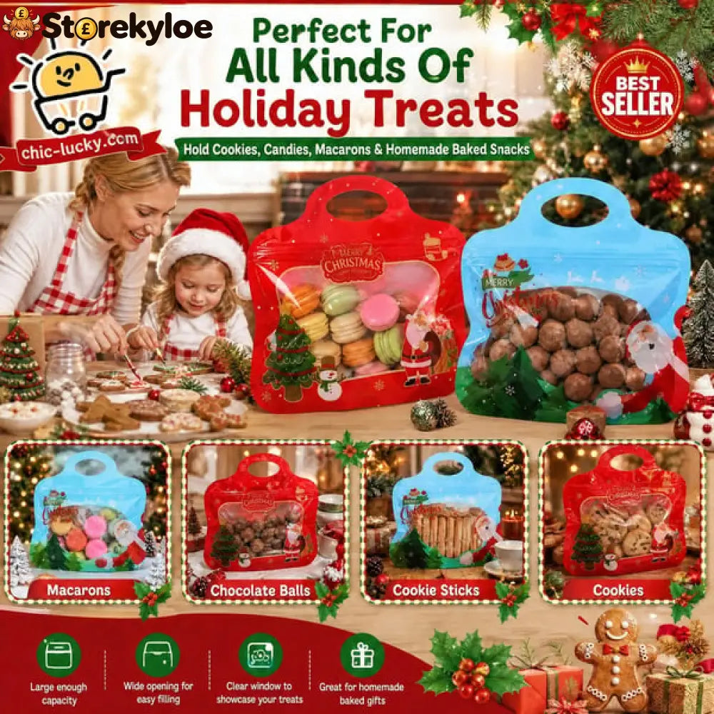 💖LAST DAY SALE 49% OFF!!🎁Easy Fill Easy Seal🎄 Festive Self-Seal Treat Bags – Santa & Snowman Print | Resealable