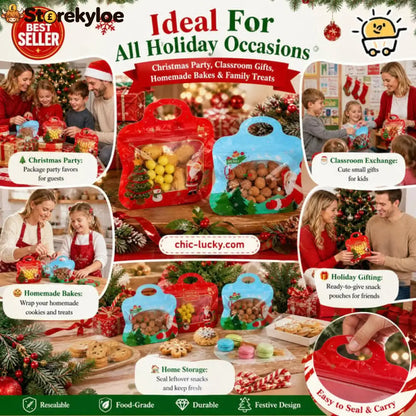💖LAST DAY SALE 49% OFF!!🎁Easy Fill Easy Seal🎄 Festive Self-Seal Treat Bags – Santa & Snowman Print | Resealable
