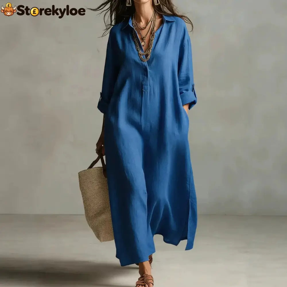 Lazy Style Solid Color Lapel Casual Long-Sleeved Shirt Dress
