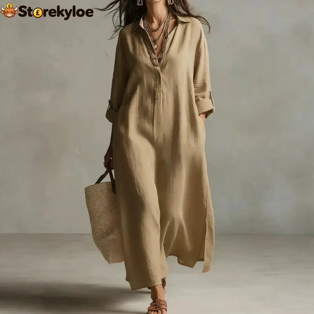 Lazy Style Solid Color Lapel Casual Long-Sleeved Shirt Dress