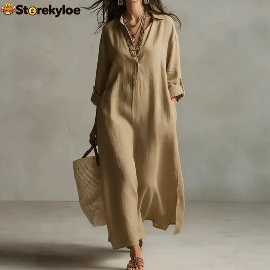 Lazy Style Solid Color Lapel Casual Long-Sleeved Shirt Dress