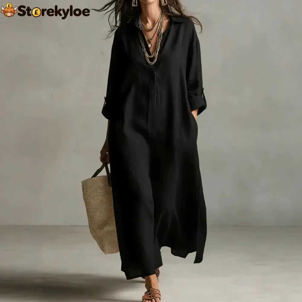 Lazy Style Solid Color Lapel Casual Long-Sleeved Shirt Dress