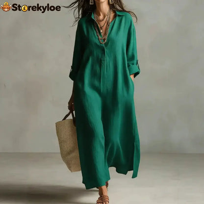 Lazy Style Solid Color Lapel Casual Long-Sleeved Shirt Dress