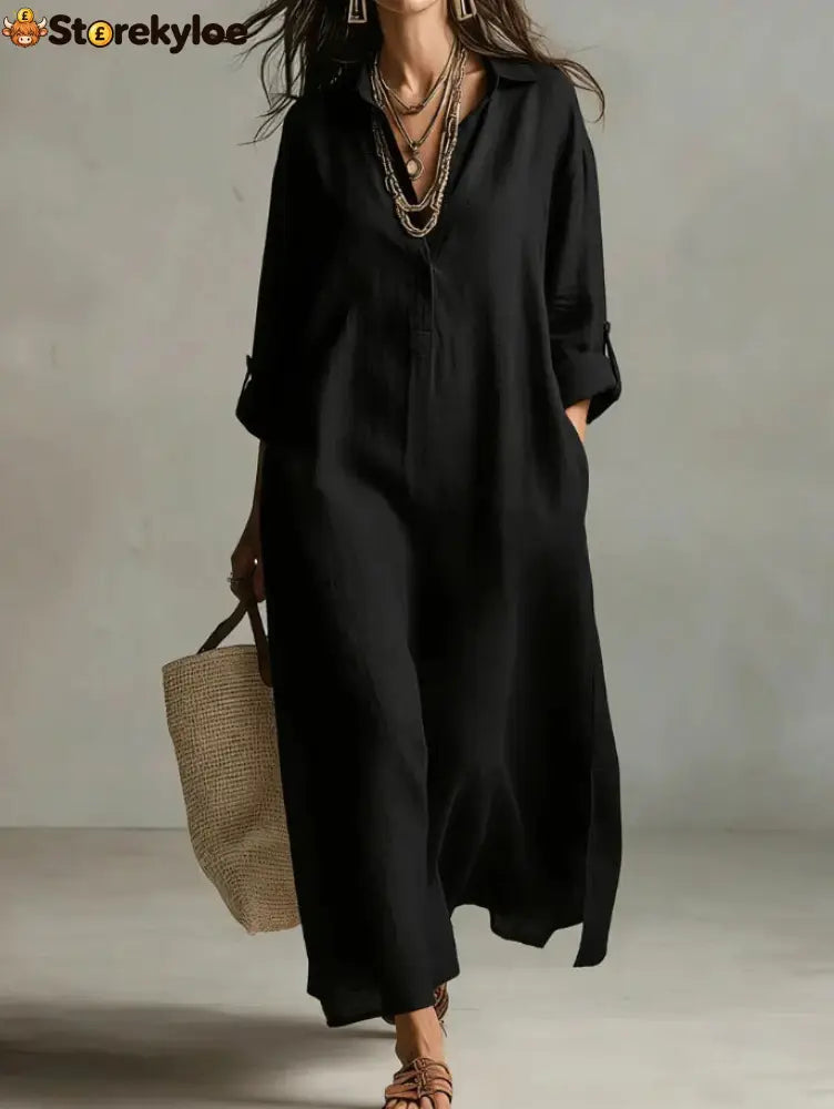 Lazy Style Solid Color Lapel Casual Long-Sleeved Shirt Dress - Black / S