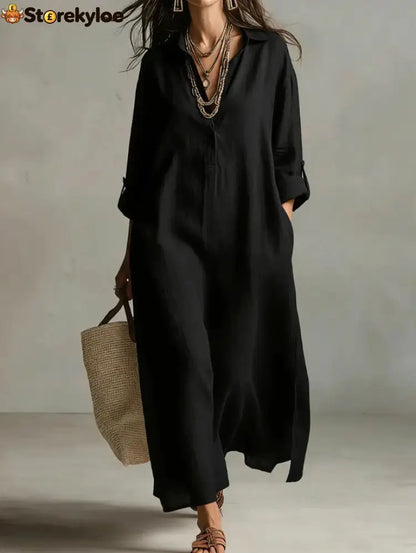 Lazy Style Solid Color Lapel Casual Long-Sleeved Shirt Dress - Black / S