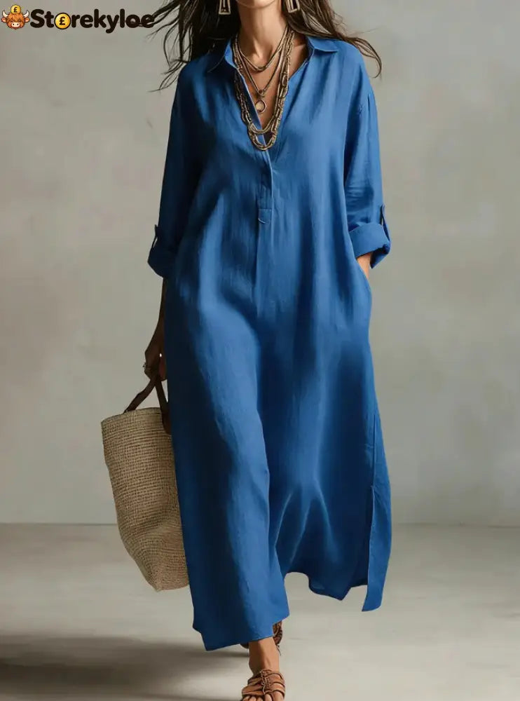 Lazy Style Solid Color Lapel Casual Long-Sleeved Shirt Dress - Blue / S