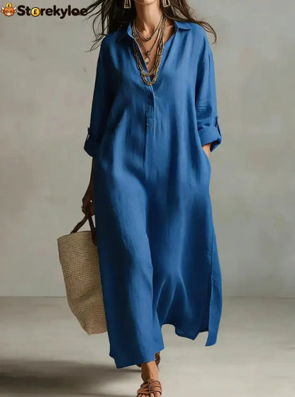 Lazy Style Solid Color Lapel Casual Long-Sleeved Shirt Dress - Blue / S