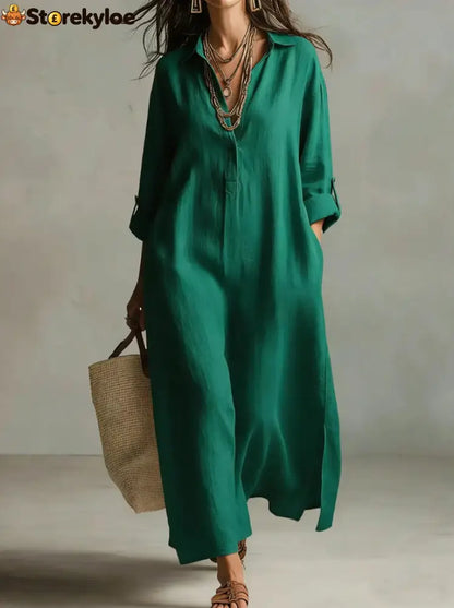 Lazy Style Solid Color Lapel Casual Long-Sleeved Shirt Dress - Green / S