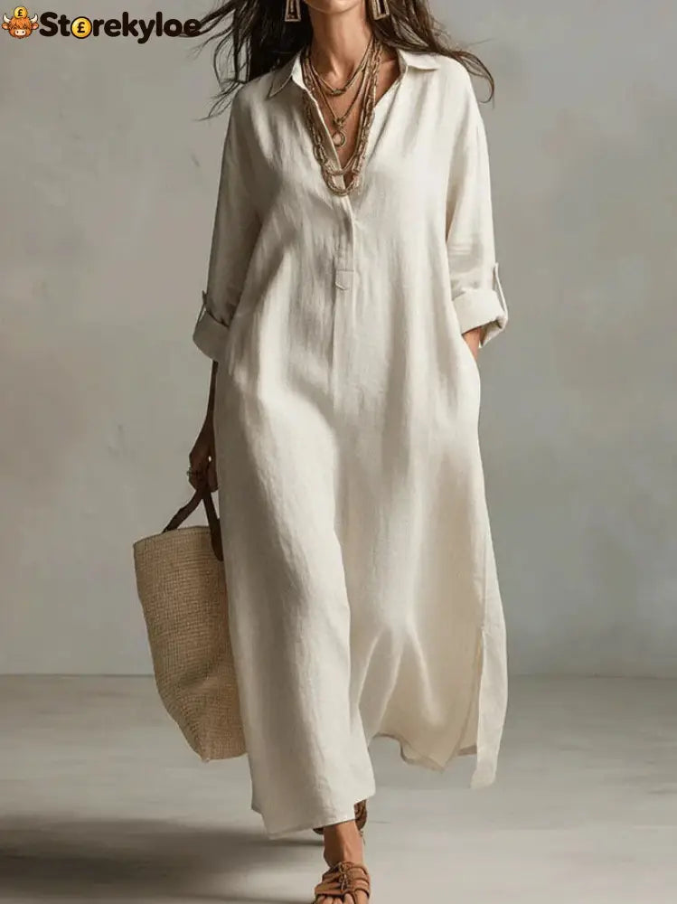 Lazy Style Solid Color Lapel Casual Long-Sleeved Shirt Dress - White / S